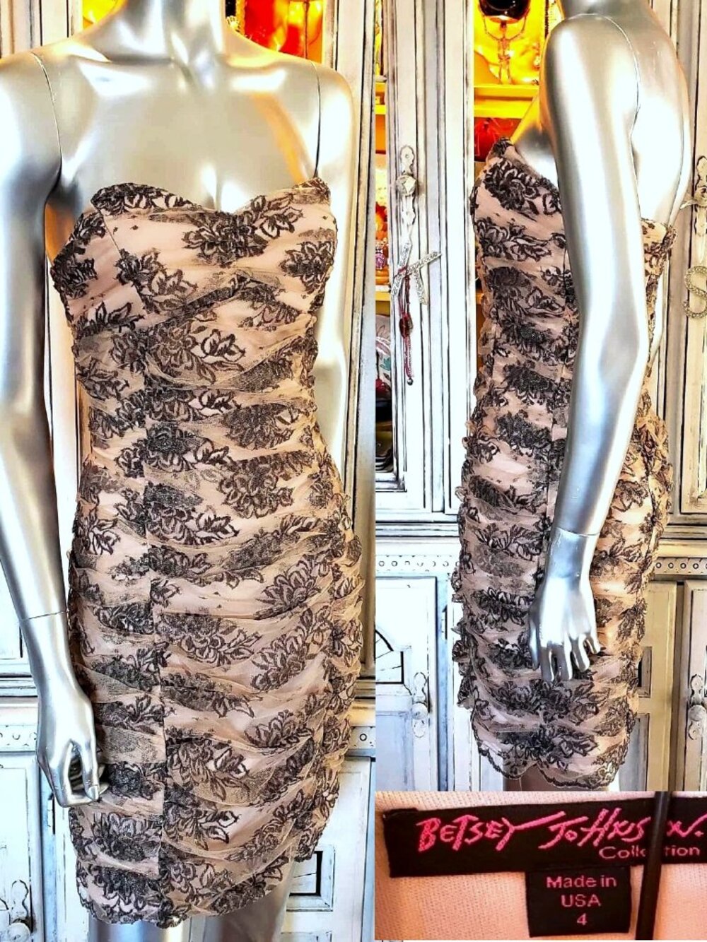 Vintage Betsey Johnson Lace Dress Y2K Nude Mesh Black Floral Gathered Bodycon S